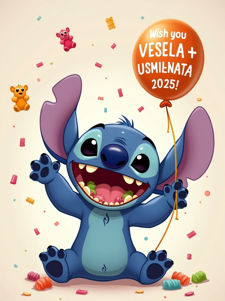 A cute blue alien character named Stitch sits down joyfully. He shows a wide smile and his mouth is full of gummy bears. One hand throws gummy bears while the other holds a balloon. The balloon has a message: Wish you VESELA + USMIHNATA 2025! Confetti and gummy bears are in the air around him.