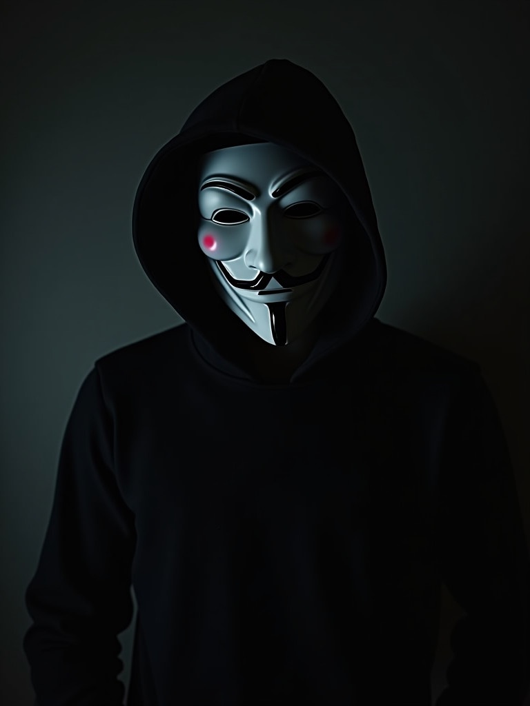 A shadowy figure in a dark room wearing a hooded sweatshirt. The figure's face is obscured. The atmosphere is mysterious and unsettling.