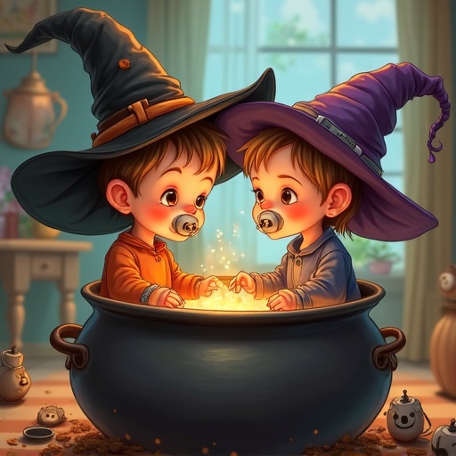 Two children sit in a big cauldron. The boy and girl have pacifiers while wearing handcuffs. Mother is in a witch costume. The scene is whimsical and magical.