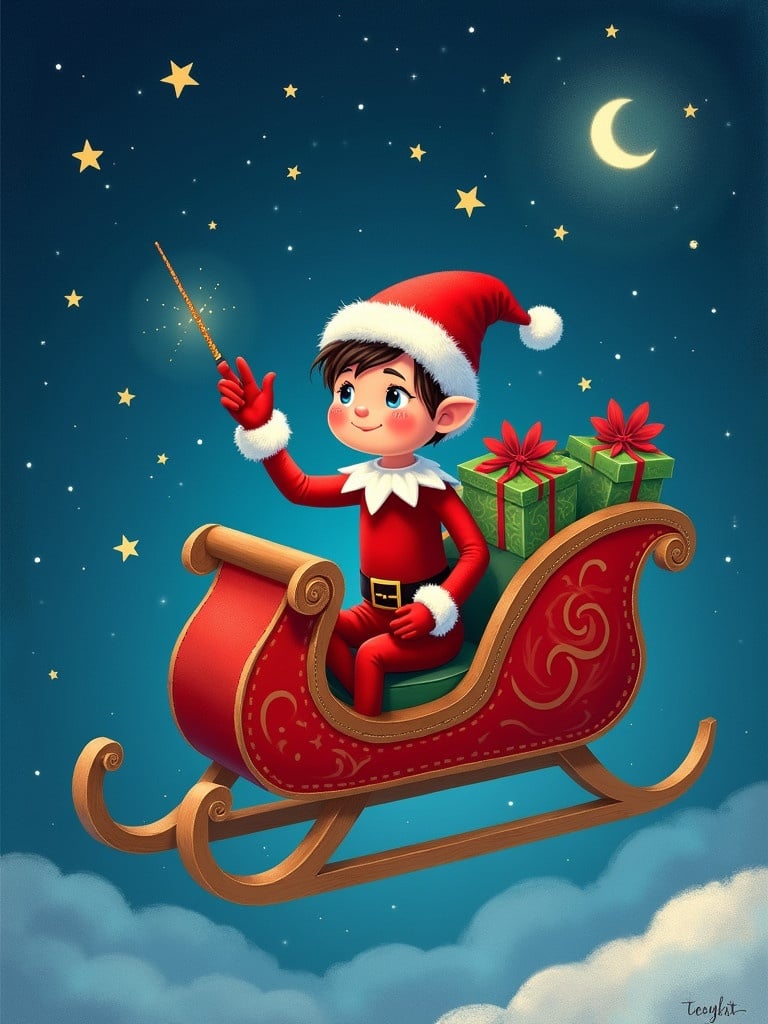 Boy elf on shelf rides Santa's sleigh. Starry night sky. Elf has twinkling eyes and waves one hand. Holds magic wand in the other. Writes message in sky. Message says Love you Landon! See you next year my friend! Check under the Christmas tree. Left you something special from your Elf, Buddy!