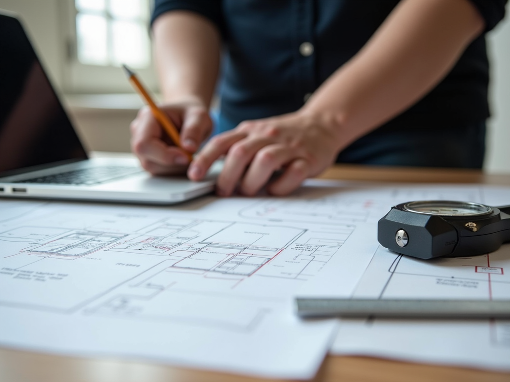 A person is working on architectural plans at a desk with a laptop and drafting tools.