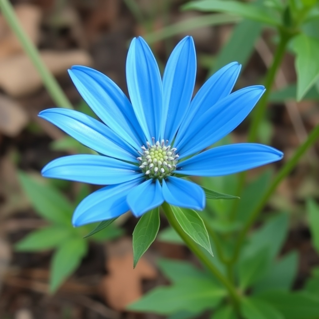 A vibrant blue flower with a central white core set against a lush green background.