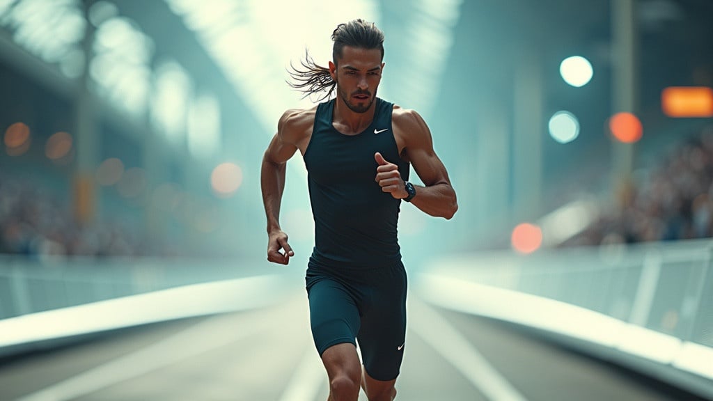 Stunning hyper-detailed photograph of a runner in a futuristic environment. Dynamic composition emphasizes athleticism during daytime. Dramatic lighting showcases the contours of the body. High-end DSLR capture ensures quality for commercial use. Runner wears sleek outfit against vibrant background.