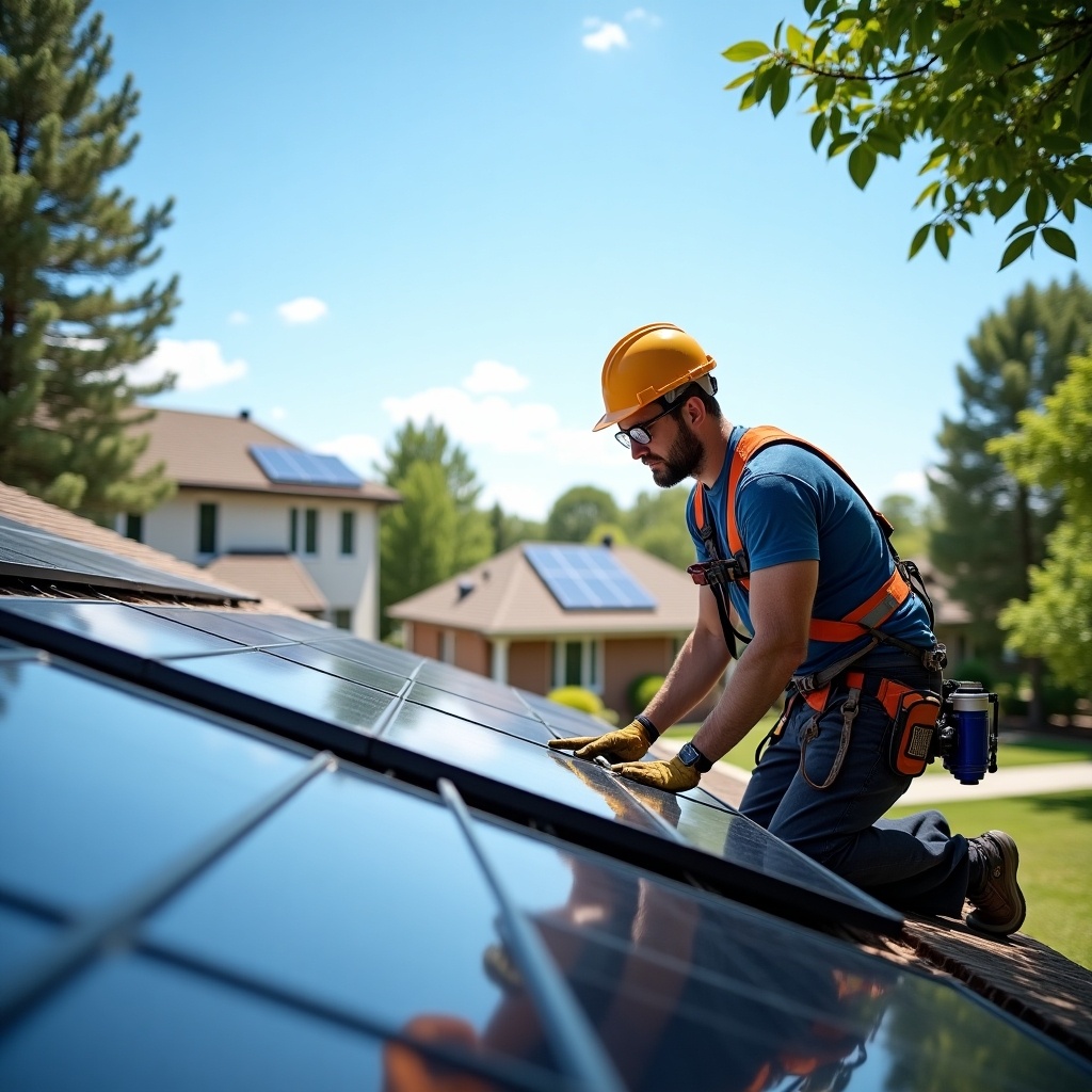 Technician wearing safety gear installs solar panels on a residential roof. Bright sunny day with clear blue sky. Focus on actions and tools used.