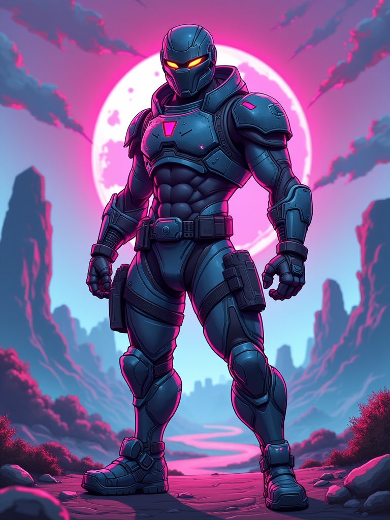 Comic book-style character stands in an action pose. Character is a futuristic warrior with customizable equipment. Includes sleek helmet, armored chest plate, utility belt, high-tech boots, glowing weapons. Background features dramatic sci-fi battlefield with bright neon accents.