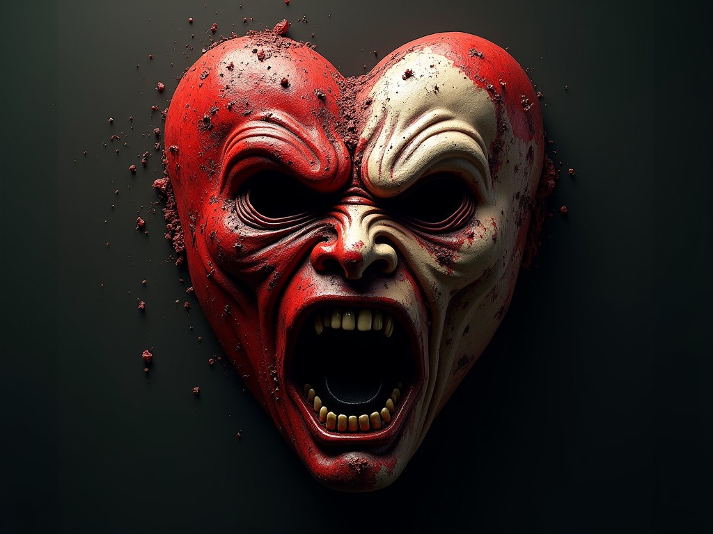 The image features a surreal depiction of a heart-shaped mask with expressive human-like features, showcasing an intense and aggressive expression. The mask is primarily red with patches of cream and appears to be eroding or decaying at its edges, creating a striking contrast against a dark background. The overall composition evokes a sense of unease and dramatic tension.