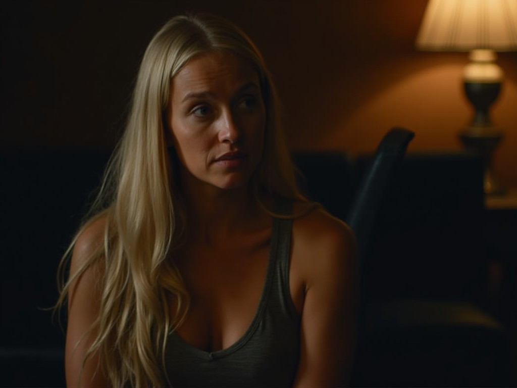 a woman with long blonde hair sitting in a dimly lit room with a lamp in the background