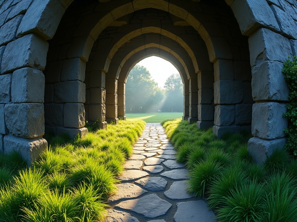 The image depicts a stone pathway surrounded by a series of large arches. The scene is reminiscent of an ancient ruin or mystical garden, with lush green grass growing between the stones. The arches are made of a dark stone material, giving the setting a historical or fantasy feel. There is an ethereal glow of light that suggests an early morning or late afternoon atmosphere. Applying a fish eye effect, the center of the image appears slightly bent, with the edges curving outward, enhancing the depth and immersion of the scene.