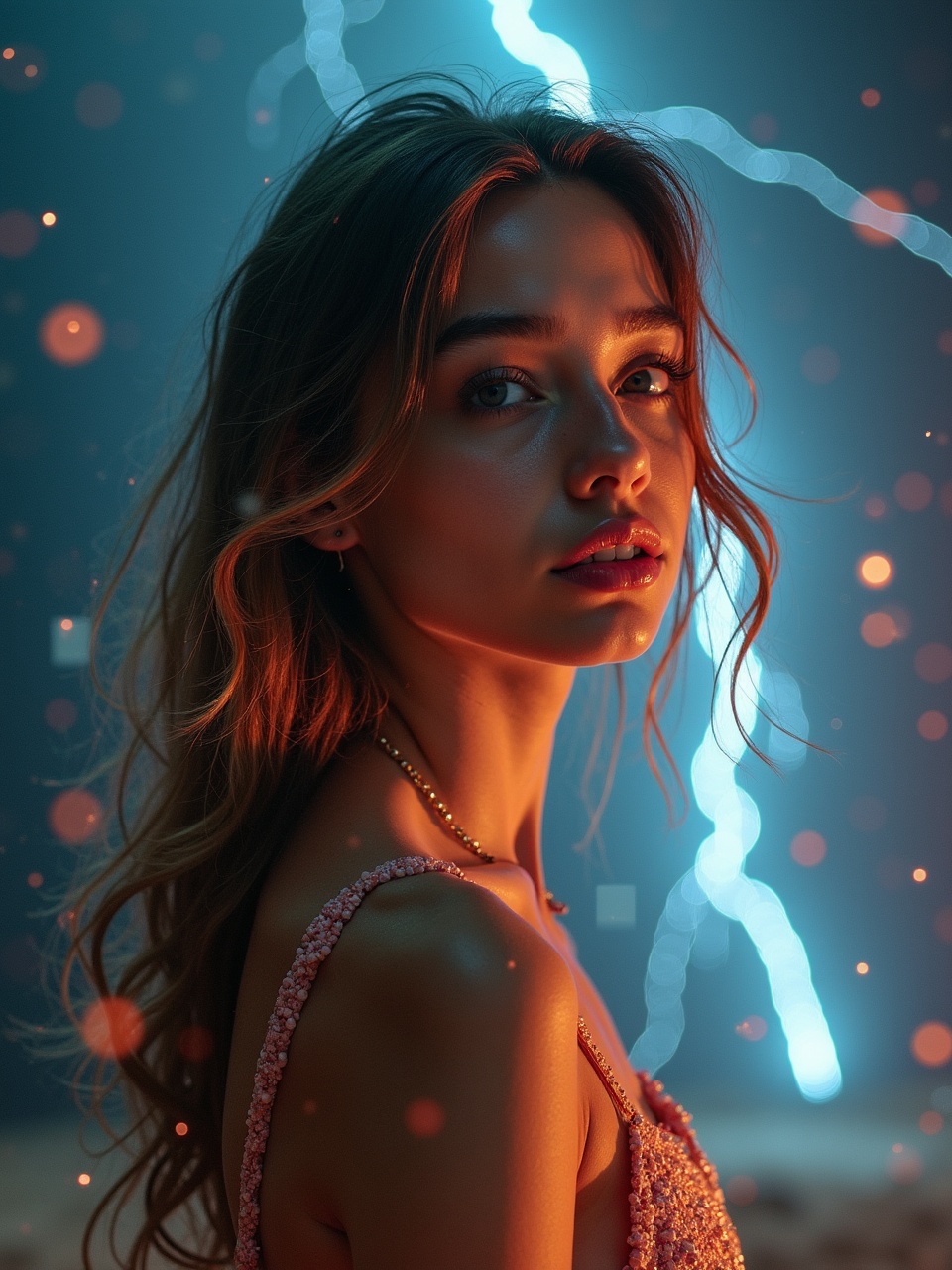 A portrait of a woman with a dreamy expression, bathed in warm and cool lighting. Her face is gently highlighted by an orange glow, contrasting with the blue lightning-like effects in the background. The lighting creates an enchanting atmosphere, accentuated by particles that give the image a magical feel.