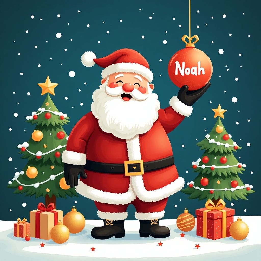 Adorable illustration shows Santa Claus in classic red suit with fluffy white beard. Joyfully holds Christmas bauble with name 'Noah'. Two decorated evergreen trees and wrapped gifts surround him. Deep blue background with falling snowflakes creates festive atmosphere. Captures Christmas spirit and joy of giving.