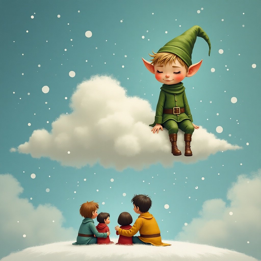 A whimsical elf is sitting on a snowy cloud. Below, a family is sad and hugging each other. The elf looks curious about the situation.