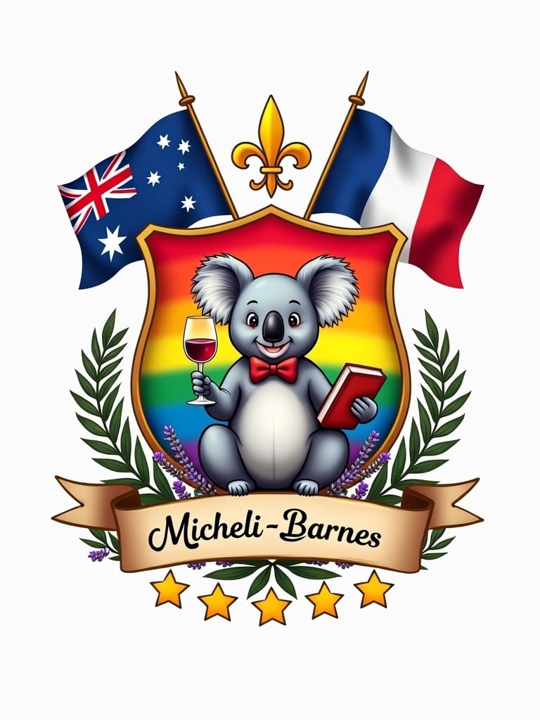 Design a family crest with a white background. Include a shield with a rainbow gradient. Position the Australian and French flags at the top. Feature a cute koala in light grey with a bow tie, holding a wine glass and a book. Add three yellow stars below a ribbon with the name Micheli-Barnes. Incorporate a gold Fleur-de-lis at the top of the shield. Include eucalyptus leaves and flowers, and lavender on the sides. Ensure a bright and balanced design.