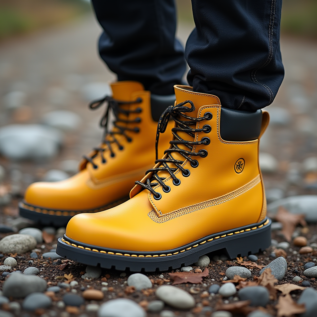 Vibrant yellow hiking boots with black laces on a rocky path.