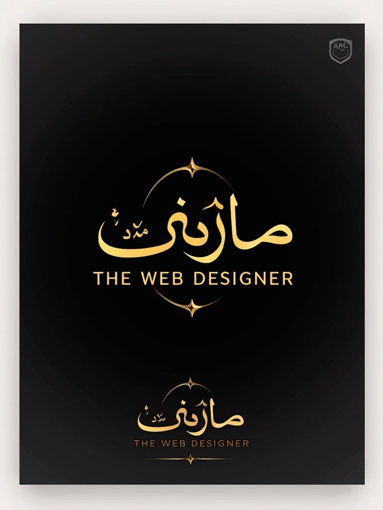 Elegant luxurious logo for brand name written in Arabic calligraphy. Includes text 'The Web Designer' below. Features flowing gold lettering. Incorporates subtle crescent moon and star. Set against a deep black background.