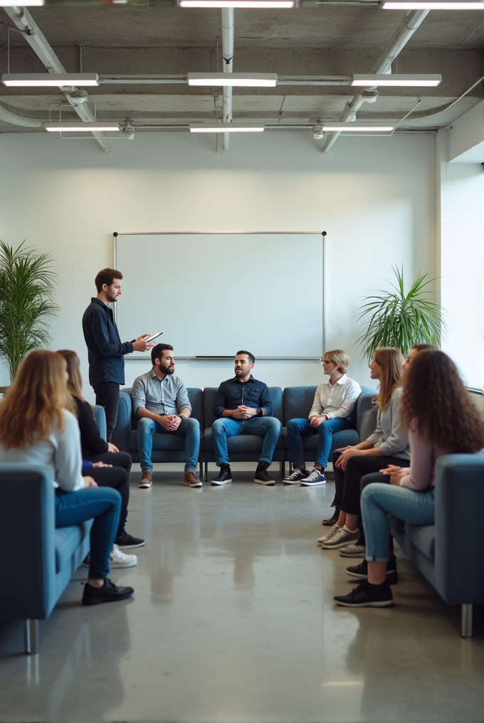 A group of people sit in a circle on sofas in a modern office, with a man standing and speaking.