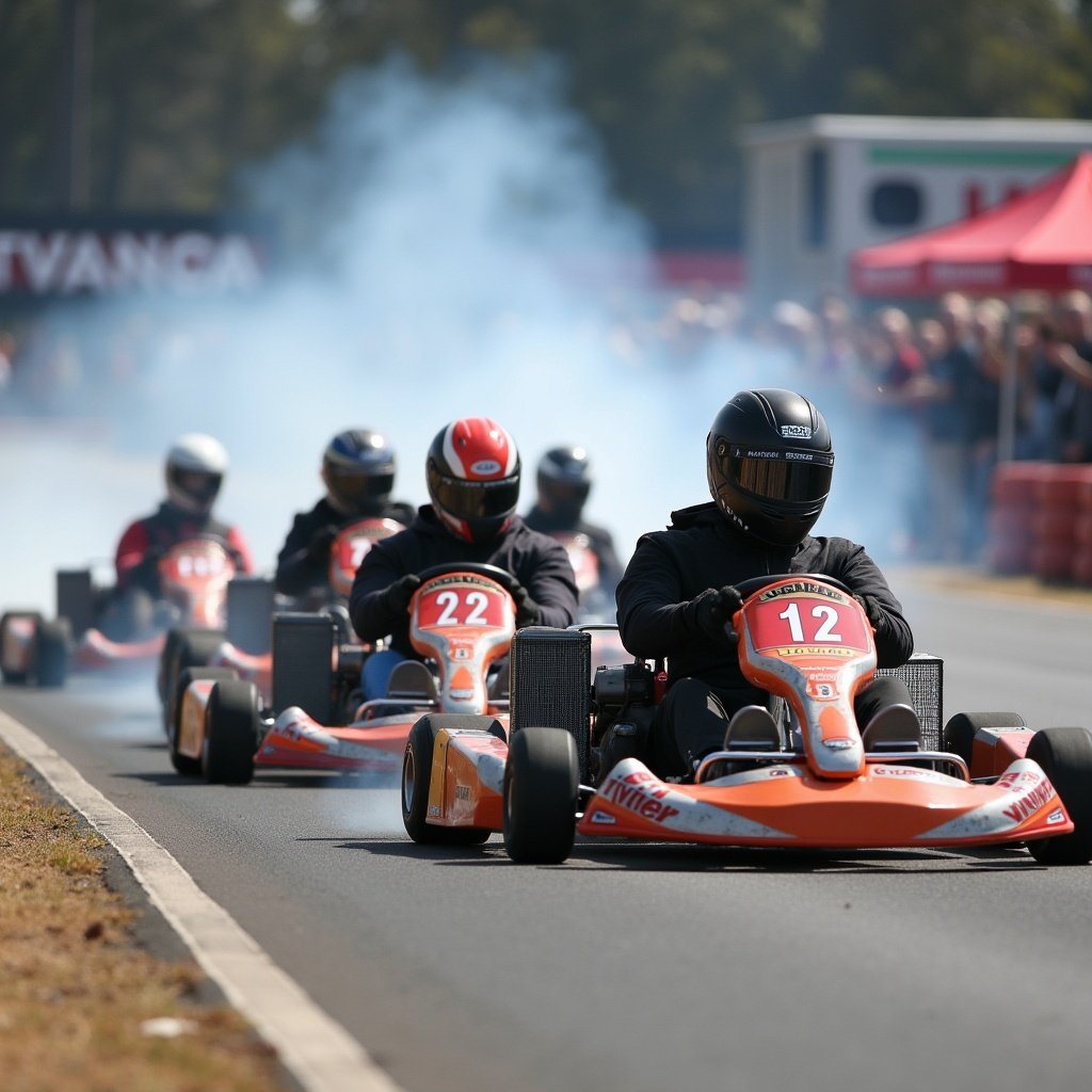 Group of go-kart racers in black and orange race down a track. Smoke surrounds them. Audience cheers in the background.