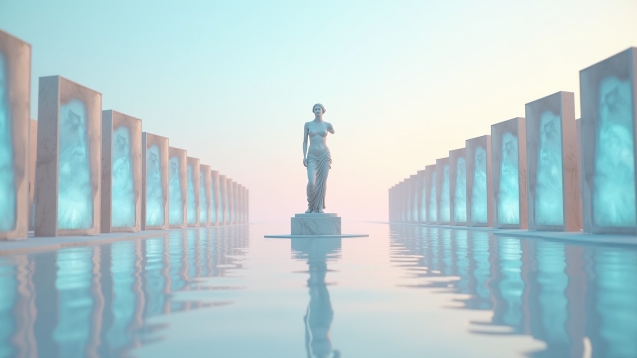 This image depicts a serene and ethereal landscape. At the center stands a classical statue of a woman, symbolizing beauty and grace. Surrounding the statue are tall, translucent panels that glow softly with blue light. The scene is reflected perfectly in a calm body of water. The color palette features soft blues and pastel pinks, suggesting a dreamlike atmosphere.