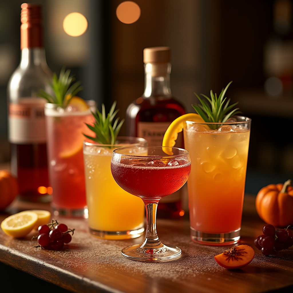 Five colorful cocktails with fruit garnishes are placed on a wooden table with bottles and festive decorations.