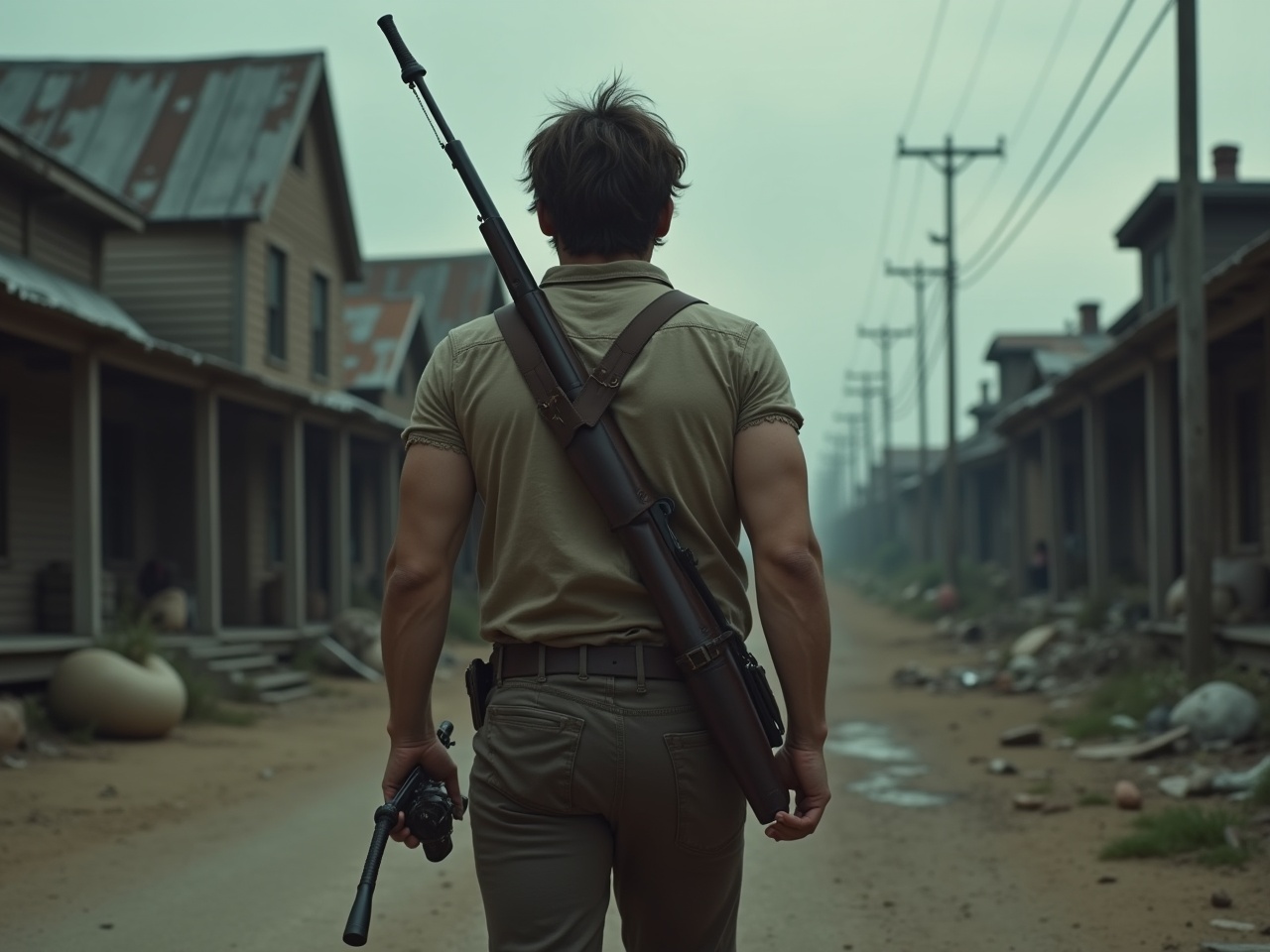 A man walks through a crumbling town with weathered and dirty clothes. His toned and tanned body suggests he has been through hardship. The sky above is dim and bleak, adding to the desolate ambiance. A rifle is strapped to his back while he holds a fishing rod in his other hand. The town is deserted, with signs of decay all around. Shabby buildings line the street, creating a sense of abandonment. The overall mood is one of survival and resilience in a harsh environment.