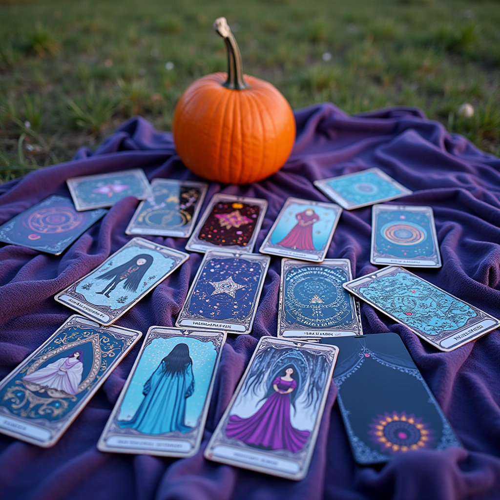 A tarot card spread on a purple cloth with a pumpkin centerpiece, set outdoors on grass.