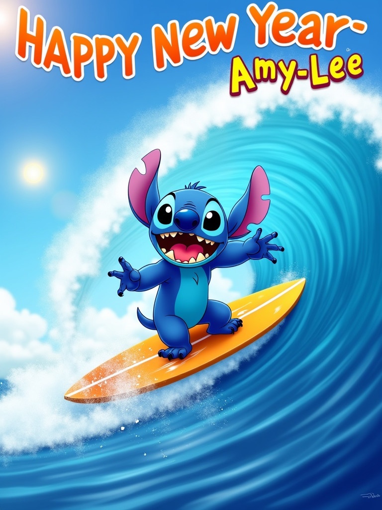 Cute Stitch character rides a surfboard on a wave. Colorful banner says Happy New Year Amy-Lee.