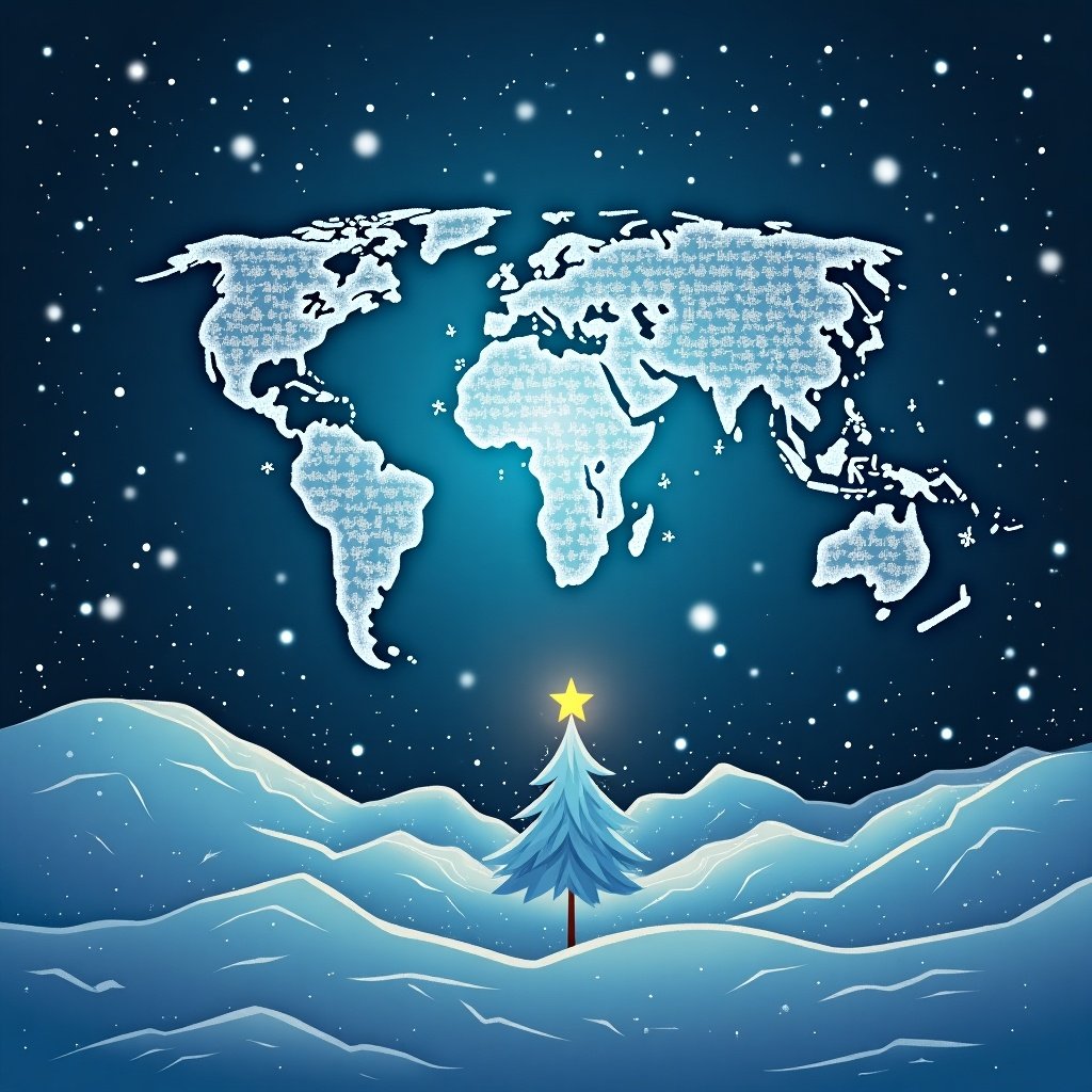 Celebrate holiday season with a corporate greeting card design. Image depicts a snowy landscape and a world map. A Christmas tree with a star symbolizes connection and joy.