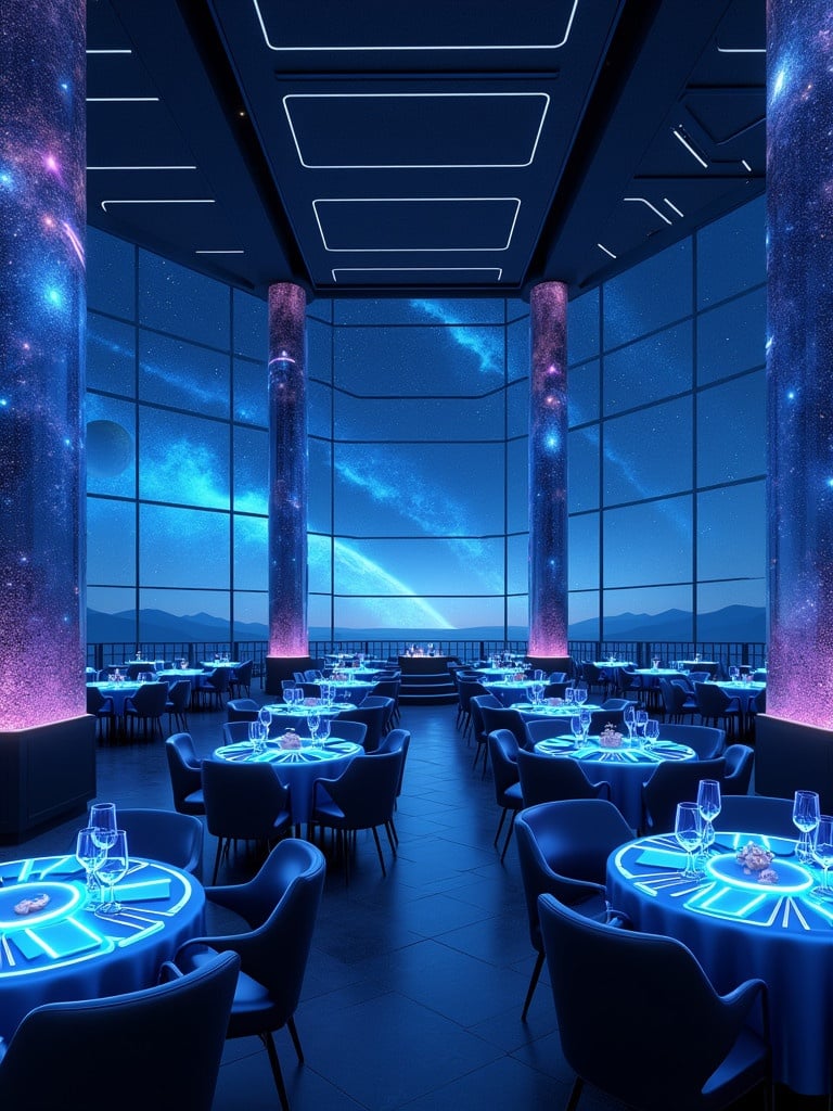 Futuristic space restaurant interior. Dark blue color palette. Cosmic atmosphere with starry skies and nebulas. Soft glowing lighting in blue and violet. Sleek modern design with floating tables and chairs. Holographic and interactive elements. Panoramic windows show distant galaxies.