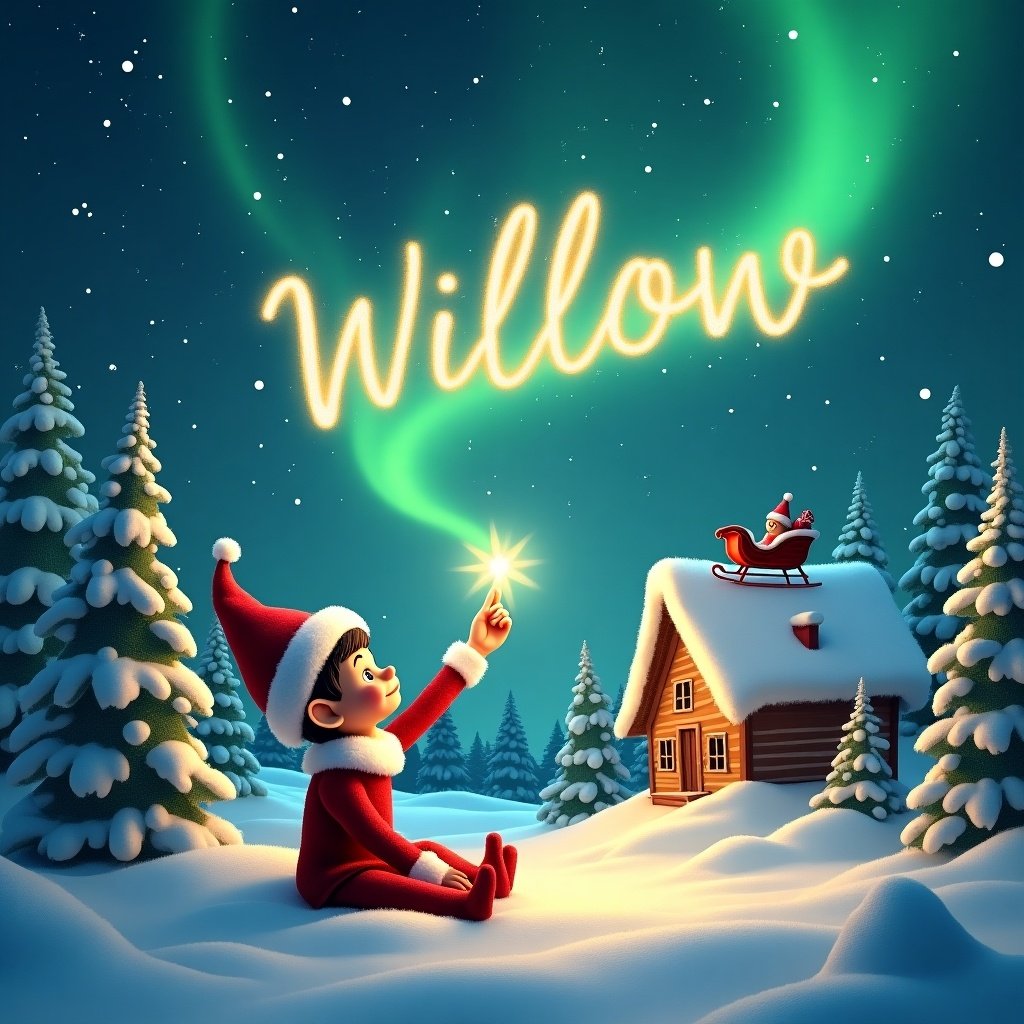 An enchanting winter scene features a playful elf on the shelf character sitting in the snow. The elf is using a magical light to write the name 'Willow' in the sky. Above, vibrant northern lights illuminate the sky with shades of green. Snow-covered pine trees frame the elf, while Santa's sleigh sits atop a cozy festive lodge in the background. This scene captures the magic of Christmas and the joy found in childhood imagination, making it feel whimsical and heartwarming.