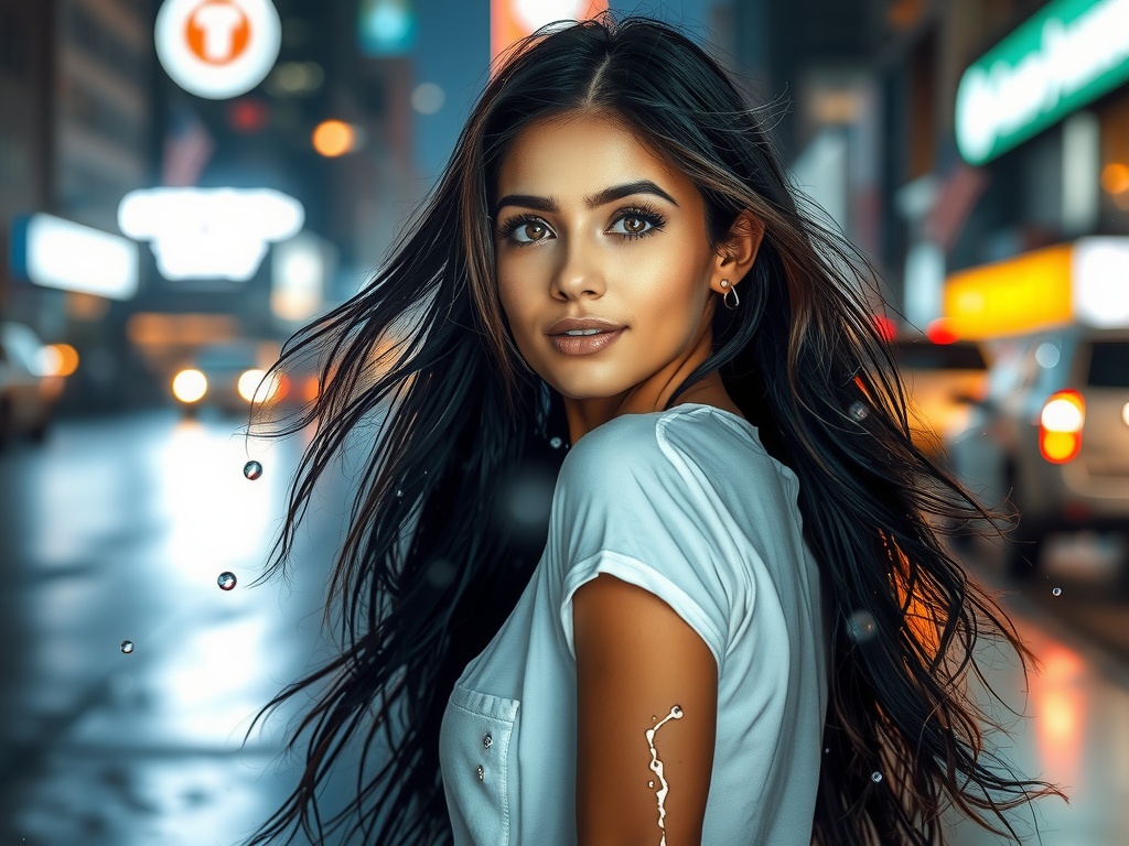 The image features a woman in a white t-shirt against a vibrant urban backdrop, likely in a city at night. Her long hair catches the wind, adding a dynamic element to the composition. The blurred lights in the background create a sense of energetic nightlife, blending with the sharp focus on her expressive face.