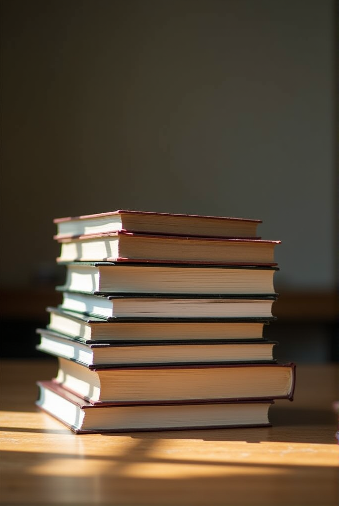 A stack of books is placed on a wooden table, illuminated by warm sunlight.