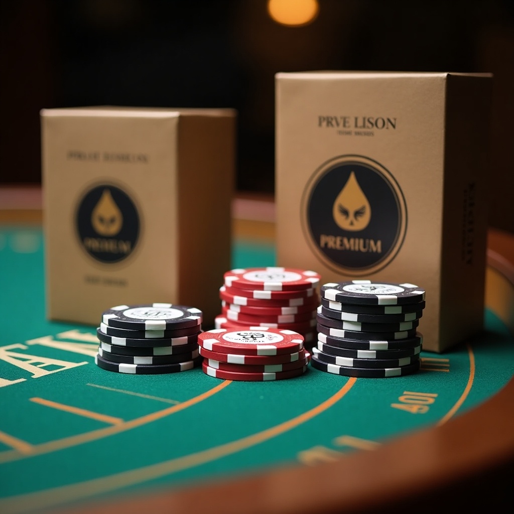 The image features an arrangement of poker chips on a green gaming board, emphasizing their premium quality. The chips are stacked neatly in rows, showcasing red, black, and white colors. Surrounding the chips are elegantly designed boxes, suggesting high-end packaging. This scene reflects the excitement of poker games while highlighting the luxurious aspect of gaming accessories. The soft lighting enhances the rich colors, creating an inviting atmosphere for players.