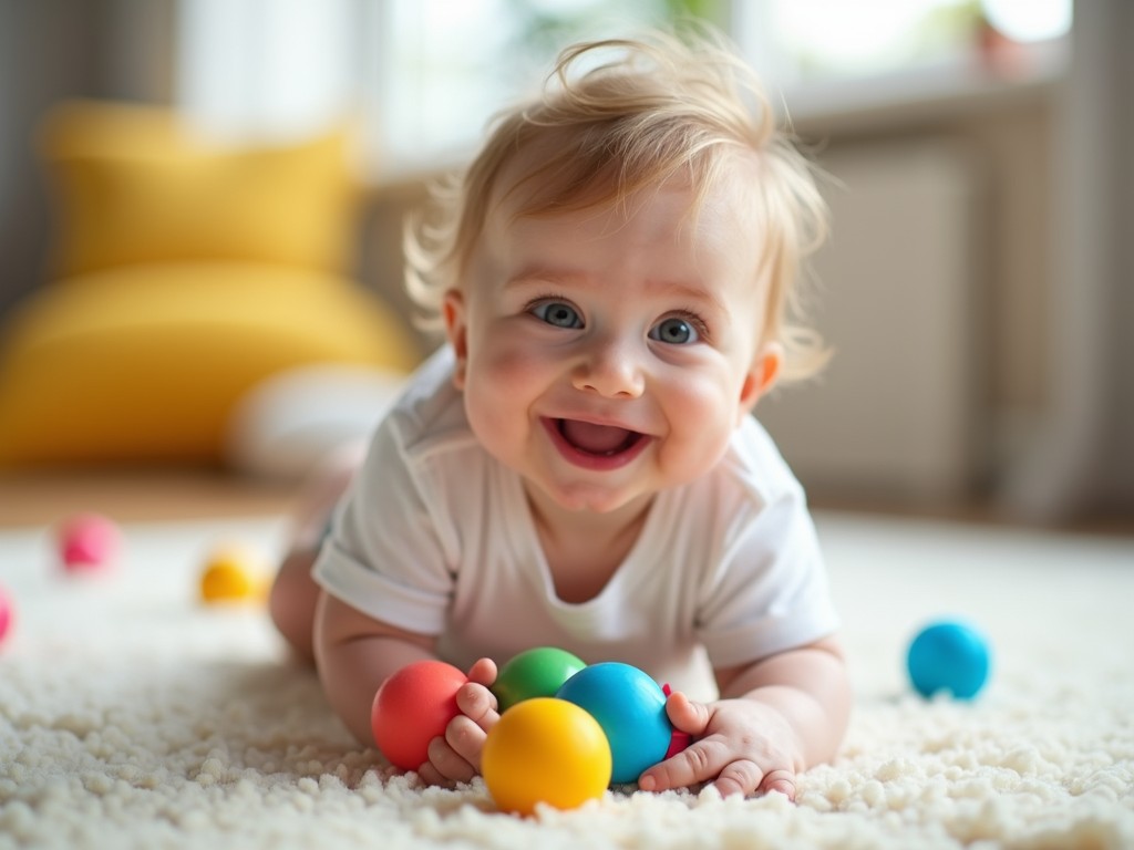 A cherubic baby lies on a soft, cream-colored carpet, surrounded by brightly colored toy balls. The scene is full of light, with a happy smile illuminating the baby's face, capturing a moment of pure joy and innocence. A softly blurred background features a cozy, inviting room, adding warmth to the image.