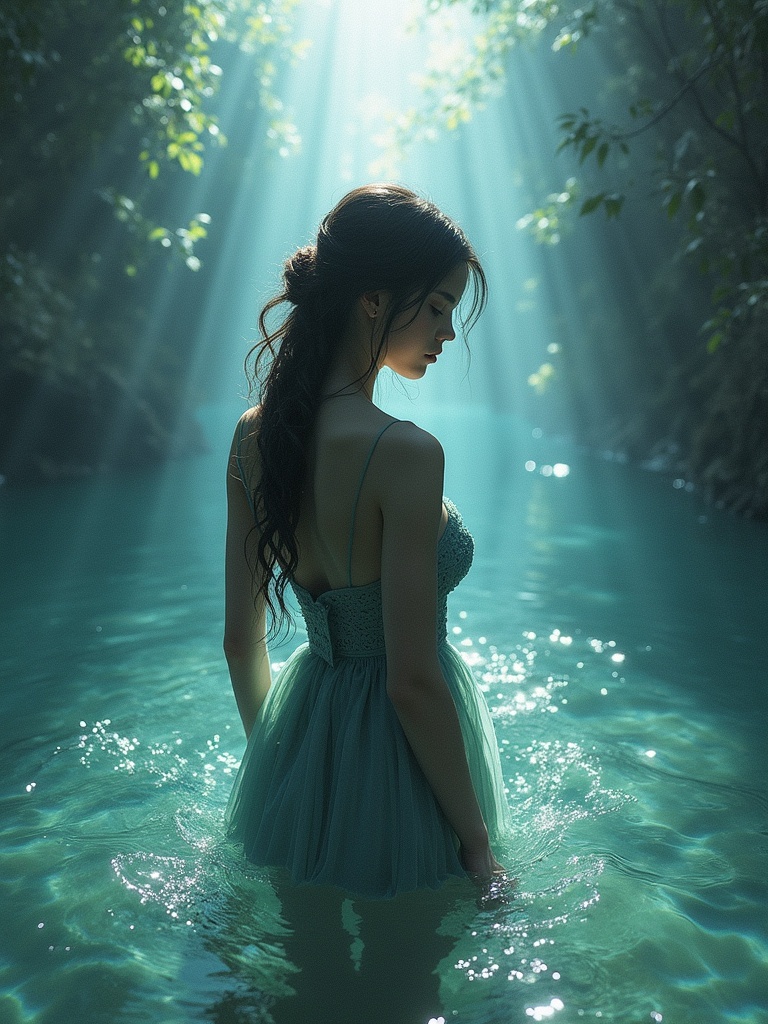 A woman stands in tranquil water surrounded by lush greenery. Soft beams of light filter through the trees above. The atmosphere is mystical and dreamlike. The figure is looking away, giving a sense of contemplation and serenity.