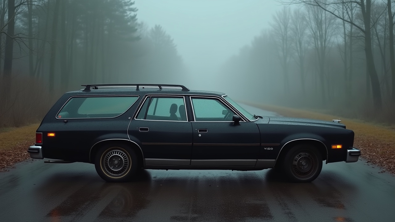 This image features a 1975 Ford Gran Torino wagon in a worn, matte black finish. The scene is set in a foggy forest during the fall, with rain creating a reflective surface on the road. The car is captured from the side, highlighting its vintage design and unique character. The atmosphere is moody and dramatic, enhanced by the deep fog and soft lighting. This setting evokes a sense of nostalgia for classic automobiles and adventures into the unknown.