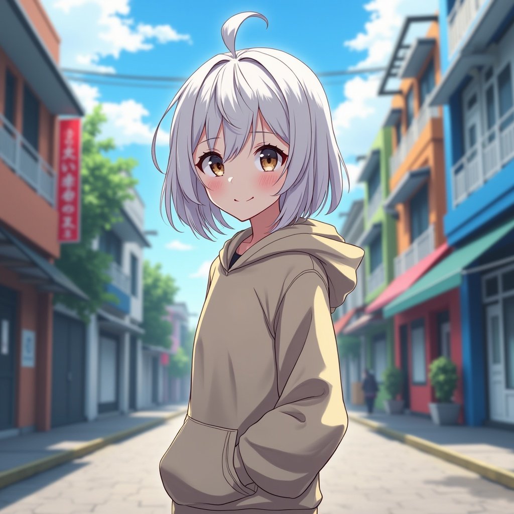 Anime-style character with white hair standing in a colorful urban street. The character is wearing a hoodie. The setting is bright and lively.