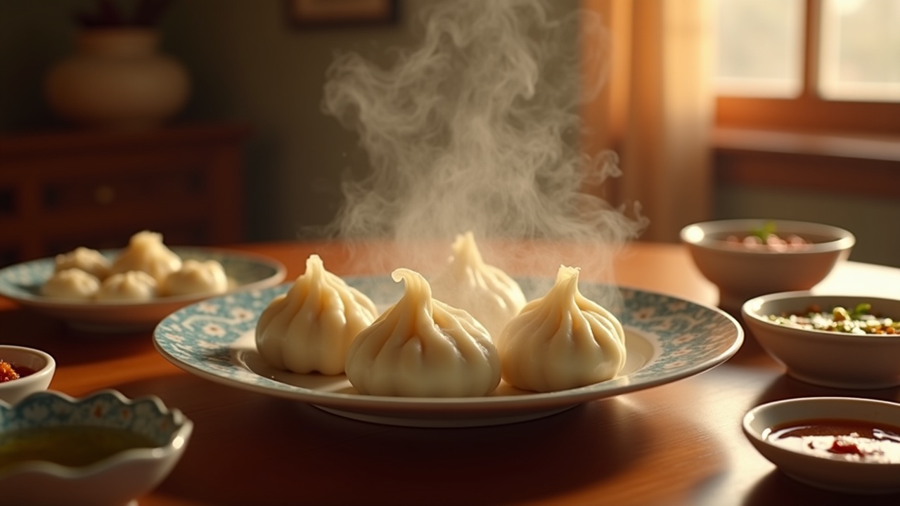 The scene depicts a warm indoor setting, reflecting the early winter ambiance. At the center, a plate of steaming hot dumplings draws attention, showcasing their delicate, crystal-clear skin and visibly plump fillings. Surrounding elements convey a sense of seasonal comfort, with small dishes of soy sauce, vinegar, and other condiments placed artfully on the table. The soft, warm lighting creates an inviting atmosphere reminiscent of family gatherings. Attention to detail captures the essence of winter warmth and togetherness, making this image a perfect representation of a cozy meal.