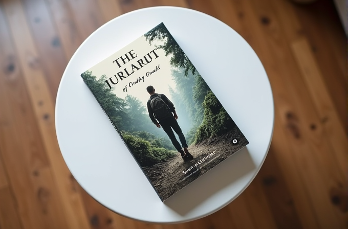 A book titled 'The Jurlanut of Custofy Qundil' featuring a man with a backpack walking through a lush forest path is placed on a round white table.