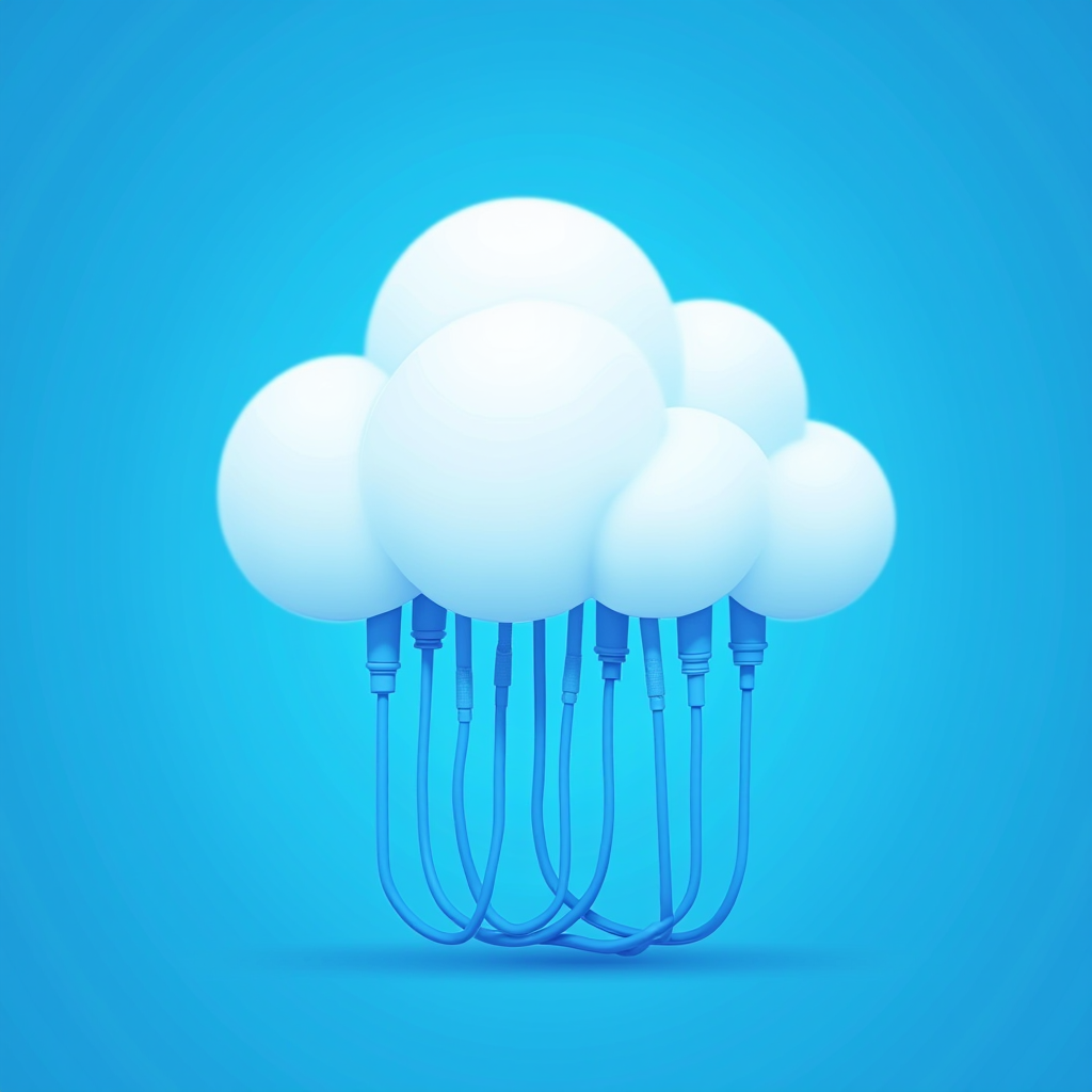 A digital artwork of a white cloud with numerous blue cables protruding from its base, set against a bright blue gradient background.