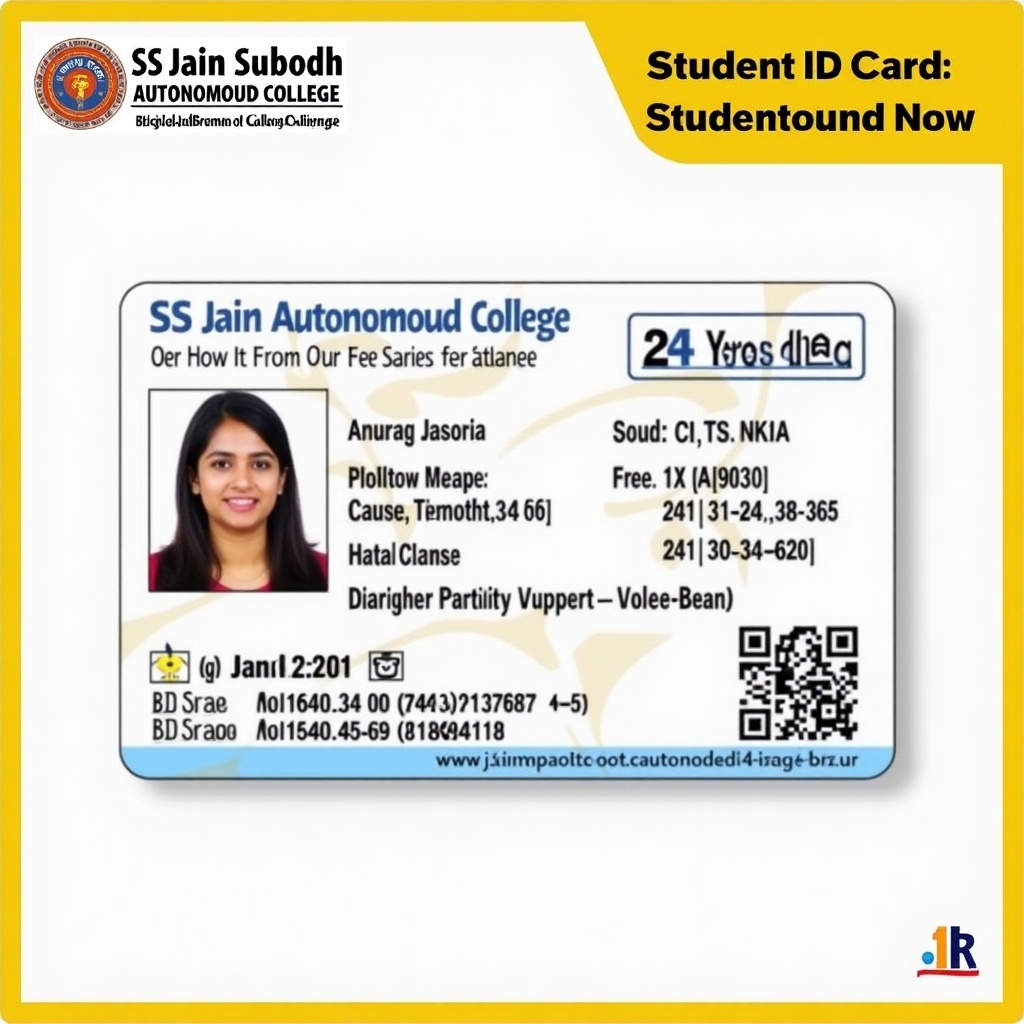 Scanned student ID card from SS Jain Subodh Autonomous College. Contains vital information for identification. Features design elements of the institution. Used for academic identification purposes.