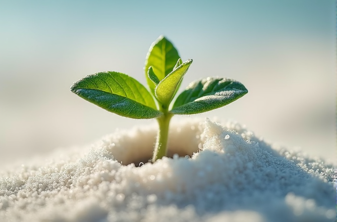 A small green plant sprouts through glistening white snow.