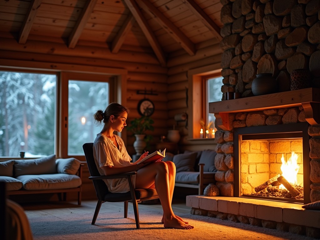 A serene image captures a woman seated in a cozy armchair, engrossed in a book beside a glowing fireplace. The warm wooden interiors and the large windows revealing a snowy landscape outside create a tranquil and inviting atmosphere. Candlelit accents and the soft glow from the fire complement the peaceful setting.