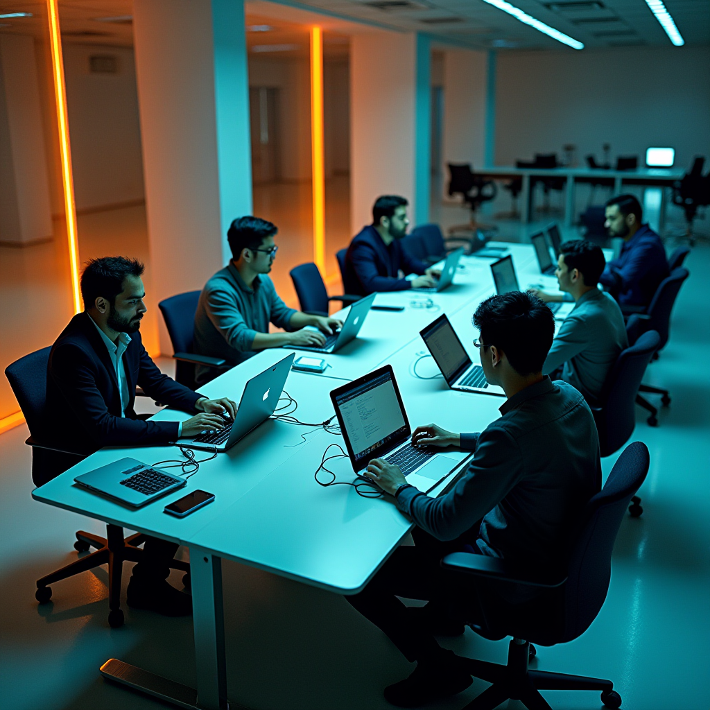 A group of people working on laptops at a long table in a dimly lit office, illuminated by blue and orange lights.