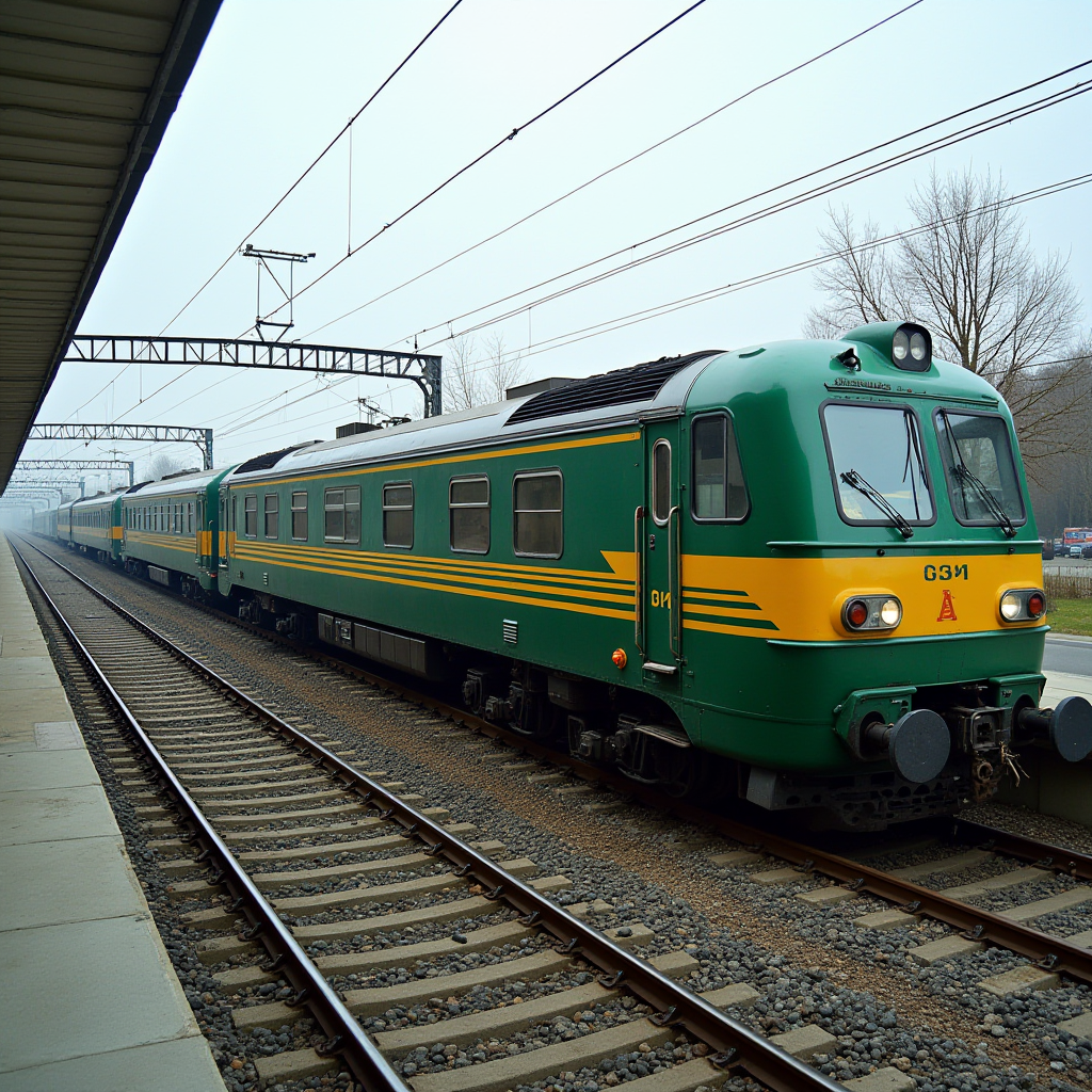 The image features a green and yellow passenger train standing at a railway station. The train has a sleek, streamlined design with a classic look, reflecting a vintage or retro style. Overhead electric lines are visible, suggesting that the railway is electrified. The station platform appears empty, and the surrounding area includes some bare trees, indicating a cold or winter season. The image's atmosphere is calm and serene, as the train seems to be preparing for departure or having just arrived.