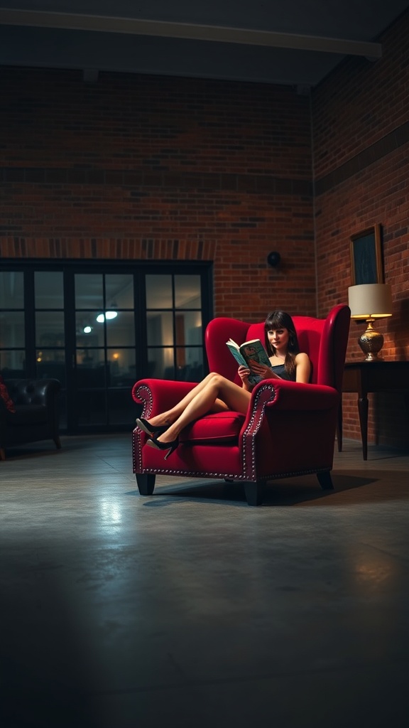 In a dimly lit room with a modern, industrial design, a woman sits serenely on a plush red armchair, absorbed in a book. The ambient lighting casts a soft glow, highlighting the cozy and intimate atmosphere. The balance between the stark brick walls and the luxurious fabric of the chair creates an inviting contrast.