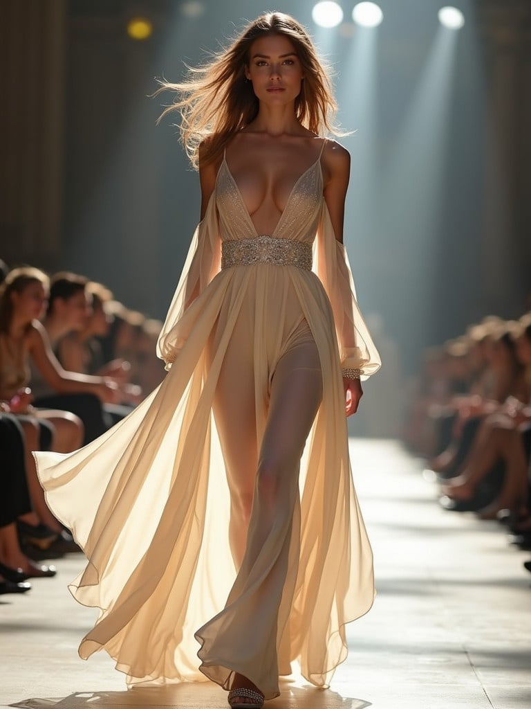 A stunning female model walks confidently on a runway. Bright and clear natural lighting illuminates the scene. Focus is on a full-body close-up view that highlights elegance. Dressed in a high-fashion outfit, intricate details are visible on the flowing fabric.