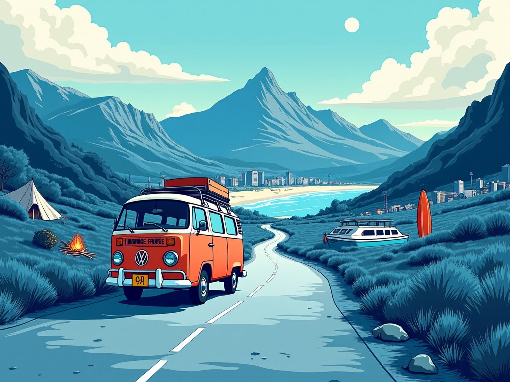 This illustration showcases the spirit of adventure in South Africa. The vintage VW Kombi van, 'Vinnige Frikkie,' drives along a beautiful road. Surrounded by a mix of South African landscapes, it features mountains, beaches, and a bushveld bonfire. In the background, iconic landmarks and amenities symbolize the vibrant culture. The color palette is predominantly blue and white, enhancing its adventurous charm. The scene invites viewers to explore the beauty of South Africa.