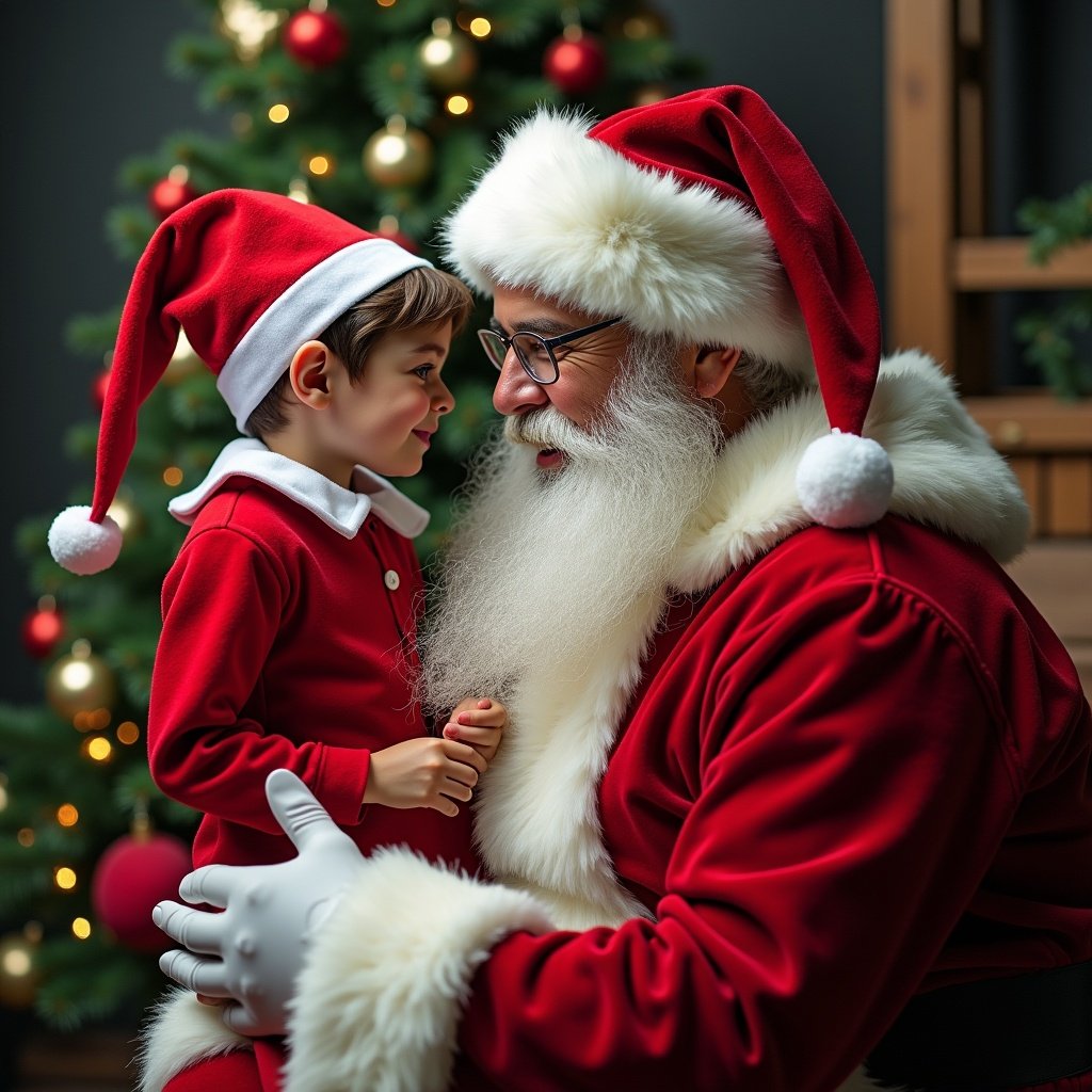 Santa Claus dressed in red and white suit interacts with a young elf in a festive Christmas setting. Decorated Christmas tree with ornaments in the background. Both figures embody holiday spirit and joy.