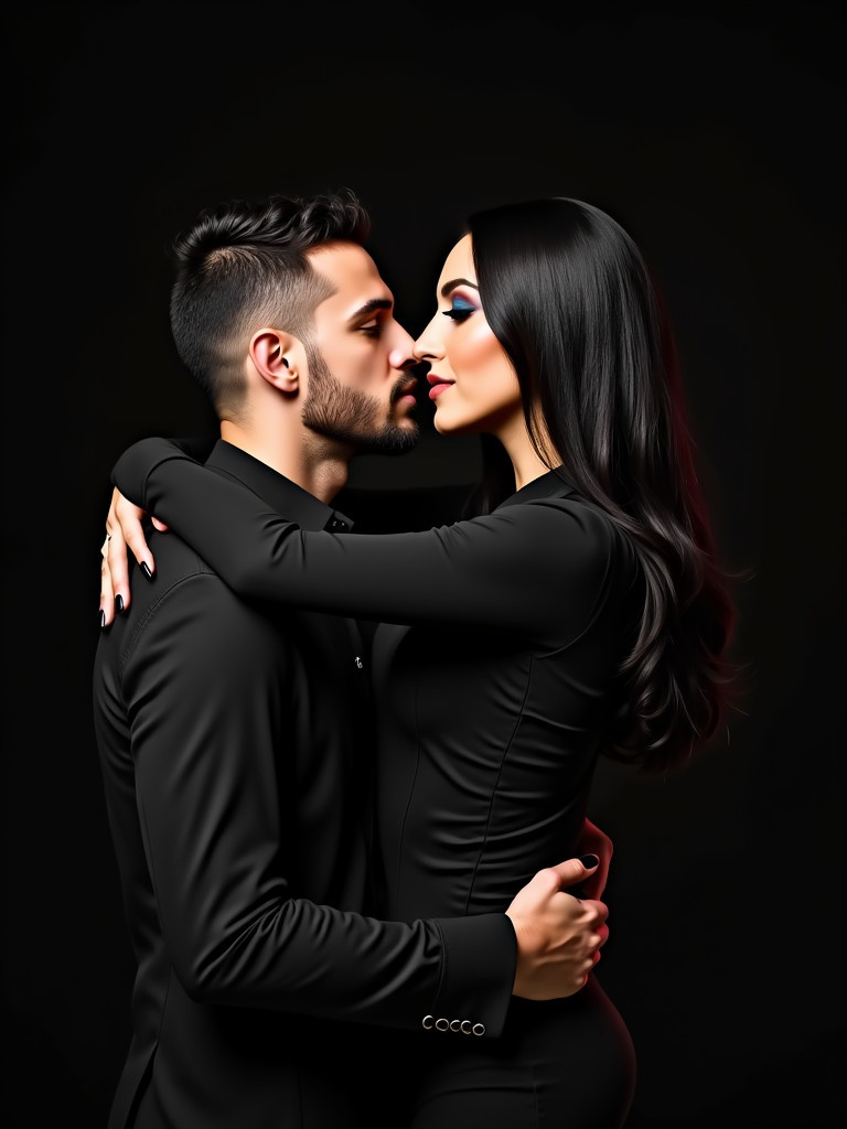 Close embrace between a couple captured in a romantic moment. Woman with long dark hair and dramatic makeup. Man with short hair and rugged look. Both dressed in elegant black outfits. Soft lighting enhances intimacy and allure.