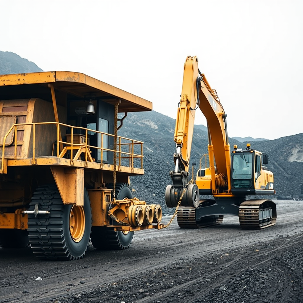 An excavator and a dump truck collaborate in a rugged, mountainous mining environment.