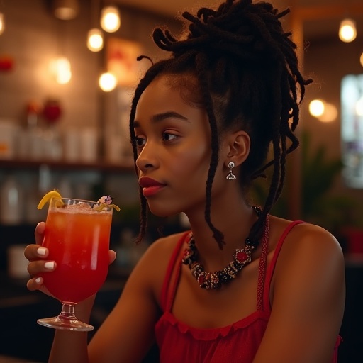 A black girl with box braids stares off looking uneasy. She holds a red cocktail. The setting is warm and inviting. Focus on her expression and the drink.